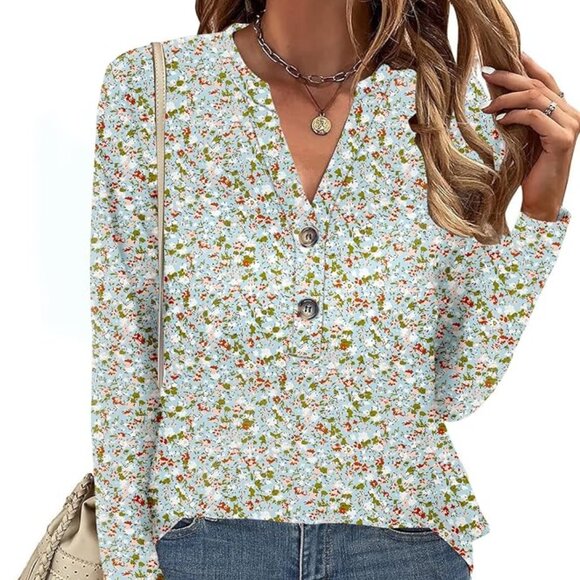NWT! Soft Long Sleeve Pullover Top w/Floral Design /V-Neckline/ 2-Button Closure - Picture 6 of 13